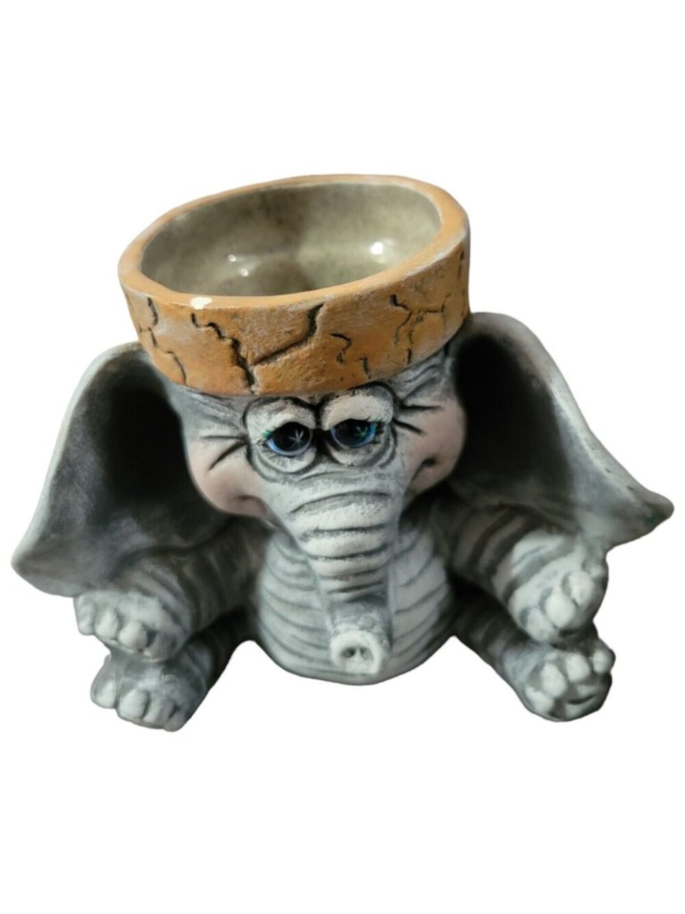 Signed Ceramic Elephant Sitting Clay Pot On Head Grey Terracotta 4x5 inches